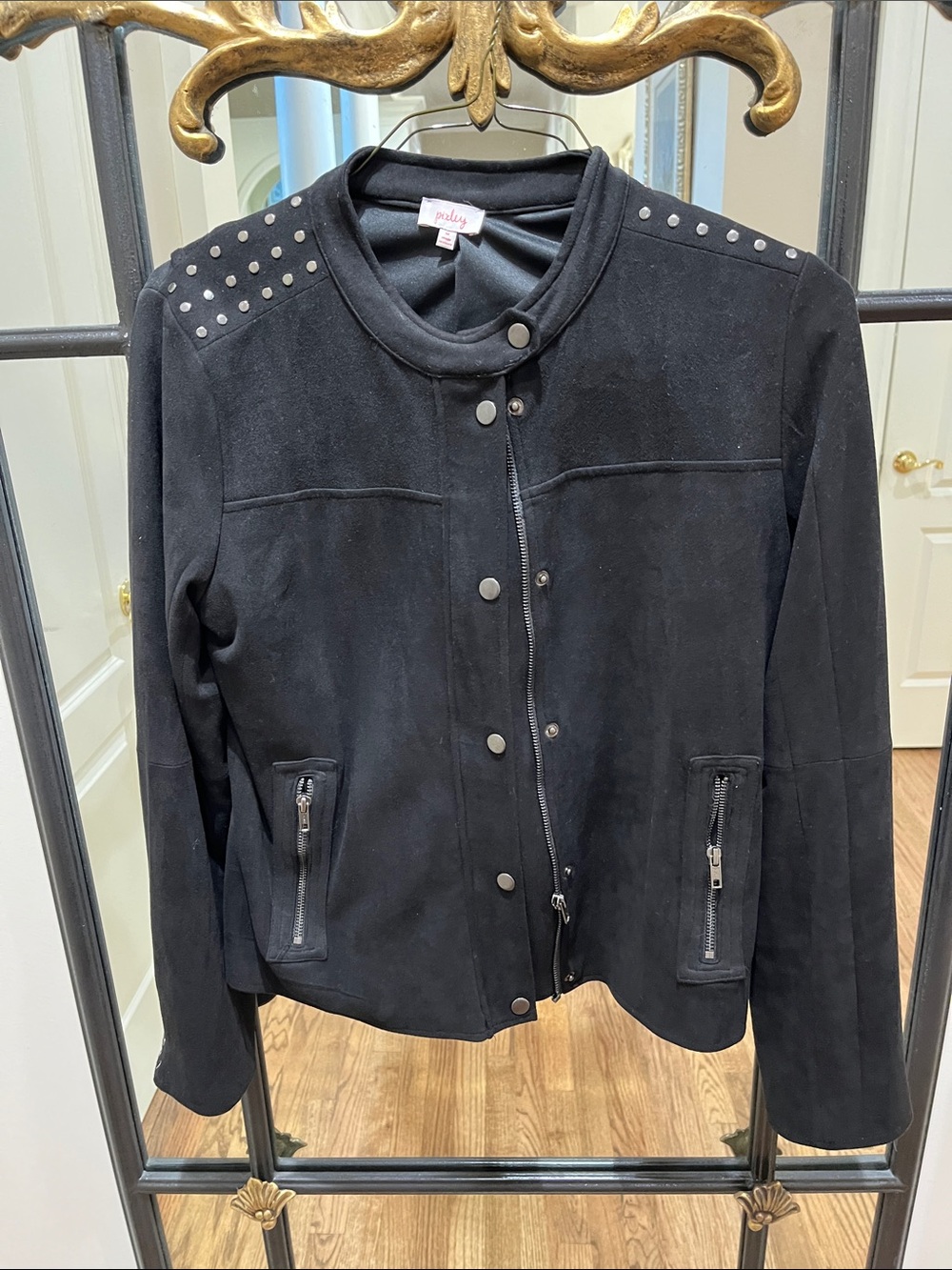 Pixley Black Stud-Trim Faux Suede Moto Jacket